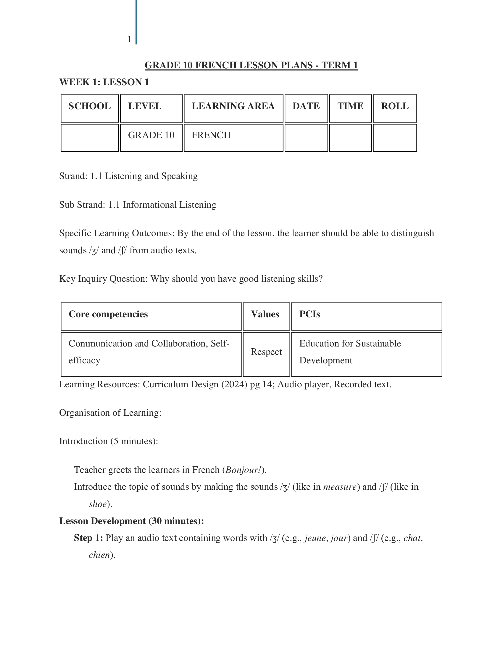 Grade 10 French Lesson Plans Term 1 - Elimplex
