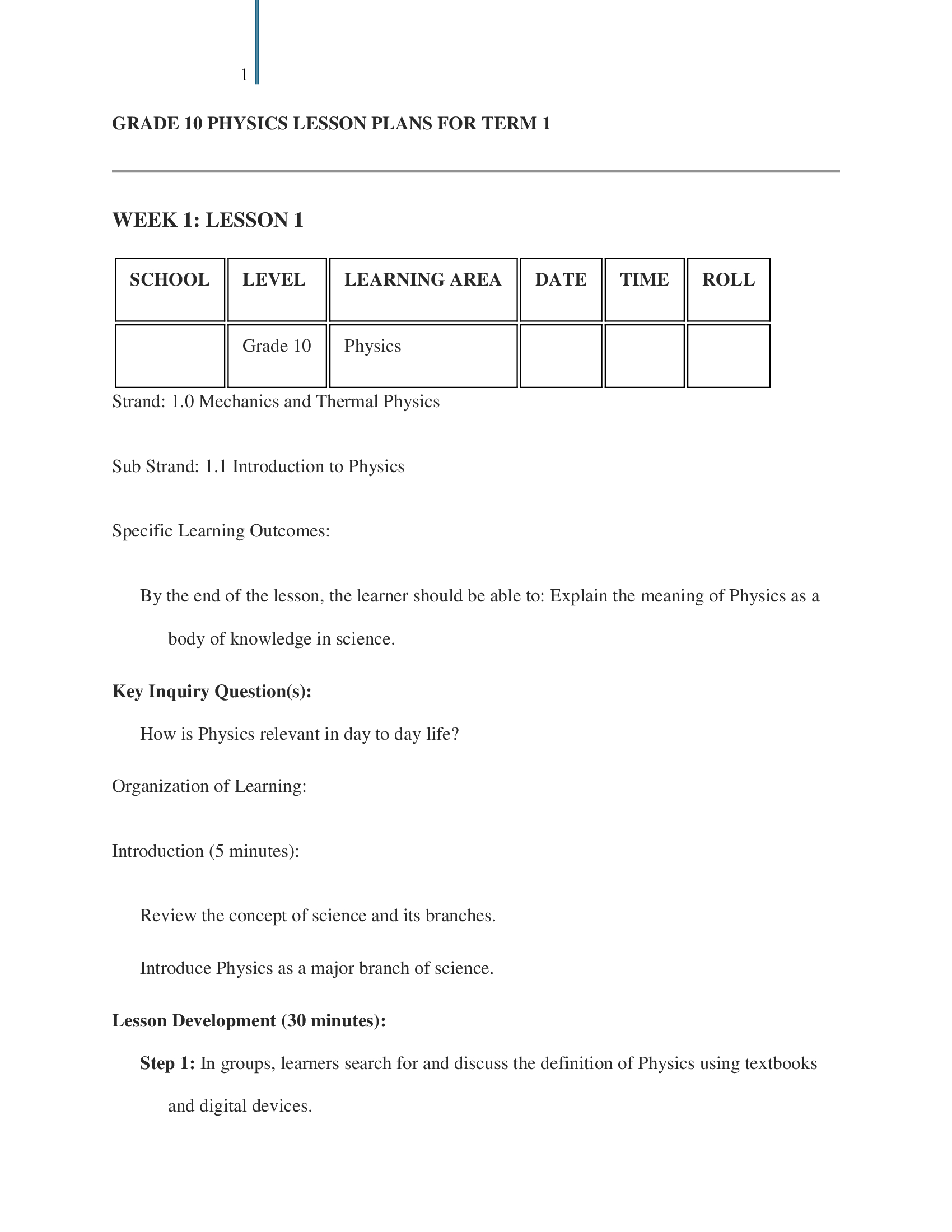 Grade 10 Physics Lesson Plans Term 1