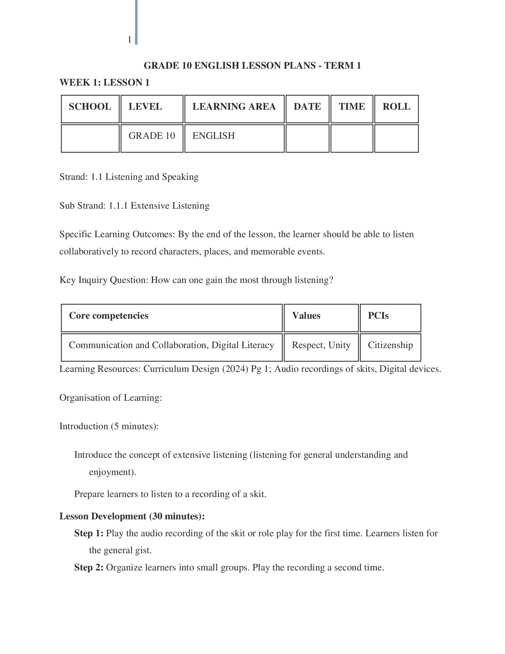 Grade 10 English Lesson Plans Term 1