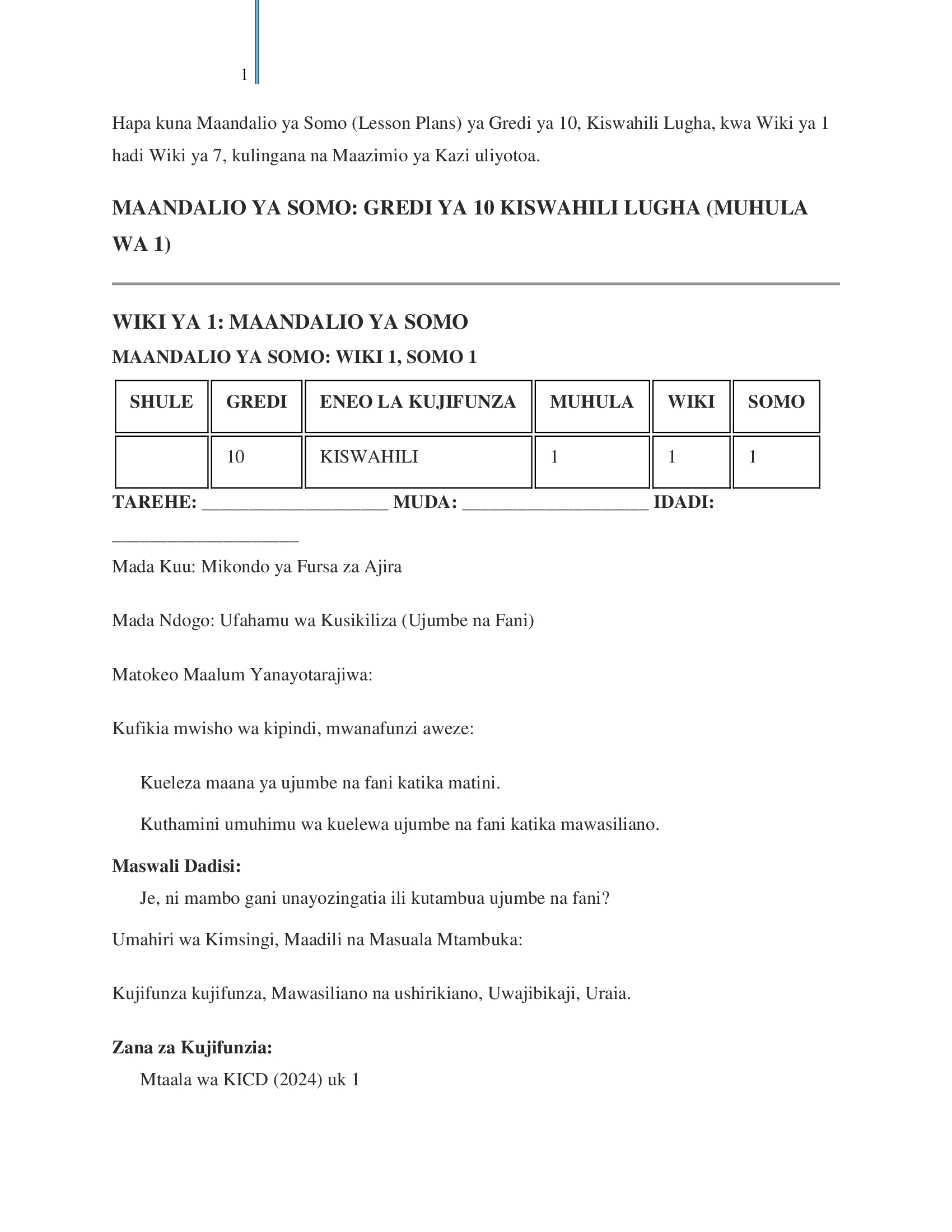 Grade 10 Kiswahili Lugha Lesson Plans Term 1