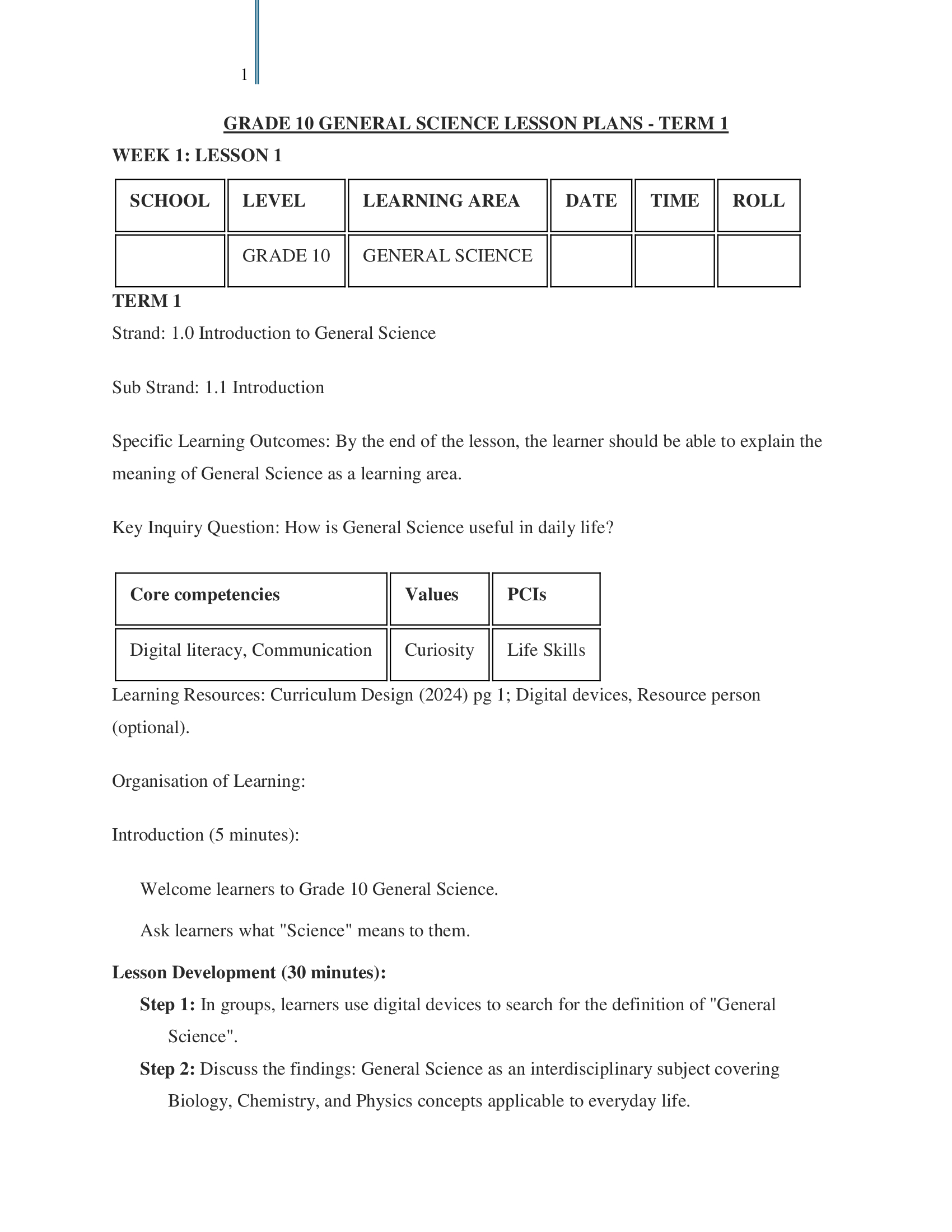 Grade 10 General Science Lesson Plans Term 1