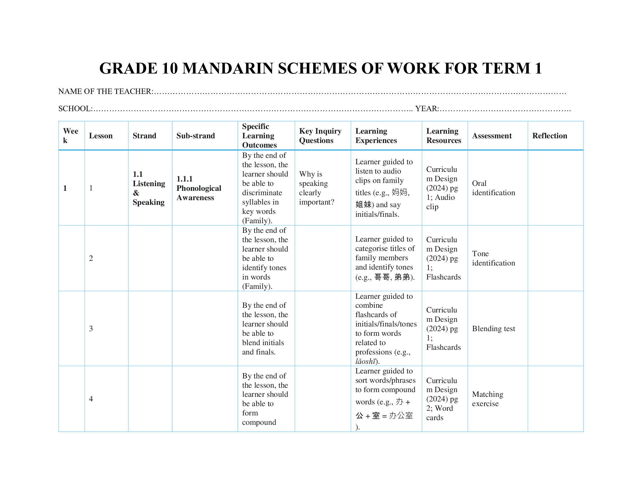 Grade 10 Mandarin Schemes of Work for Term 1