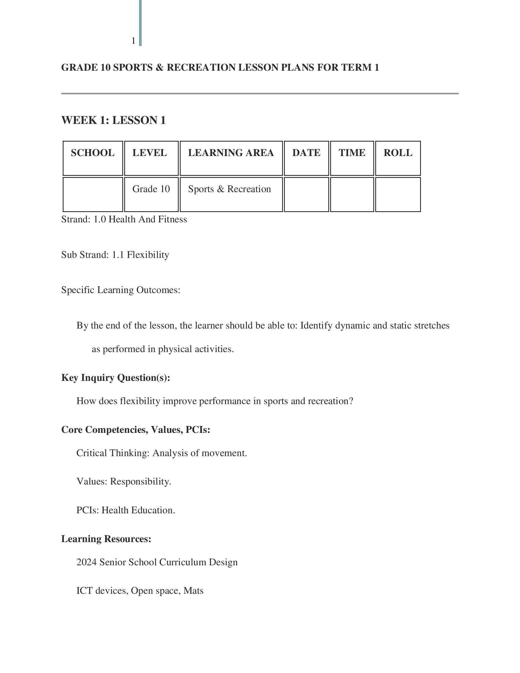 Grade 10 Sports and Recreation Lesson Plans Term 1