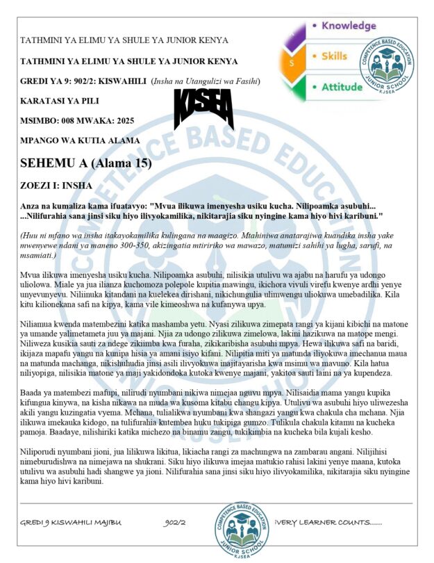 Grade 9 Kiswahili PP2 Answers (CBC)