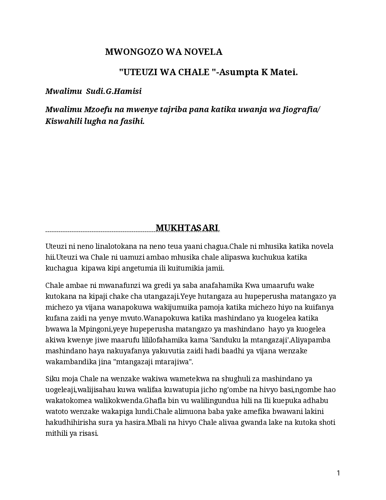 Uteuzi wa Chale Summary Notes