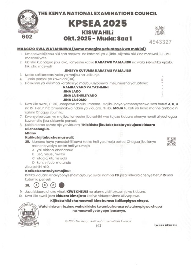 Grade 6 Kiswahili – Past Paper 2025